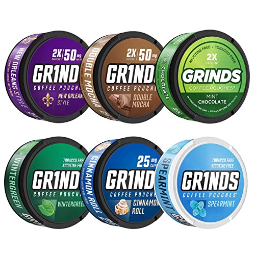 Image of Grinds Coffee Pouches | 6-Can Sampler Pack | Wintergreen, Spearmint, Cinnamon Roll, Mocha, Sweet Mint, New Orleans | Brew-Free Coffee Alternative | 18 Pouches Per Can