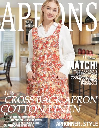 Image of Cozy Adjustable Cross Back Aprons for Women with Pockets Cotton Linen Cooking Kitchen Baking