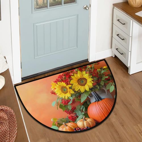 Image of cfpolar Half Round Door Mat Pumpkin Food Sunflower Fall Non-Slip Semi Circle Area Rug Washable Half Moon Hearth Rugs for Indoor Outdoor Bathroom Kitchen Patio Runner Mat Laundry Room Home Decoration