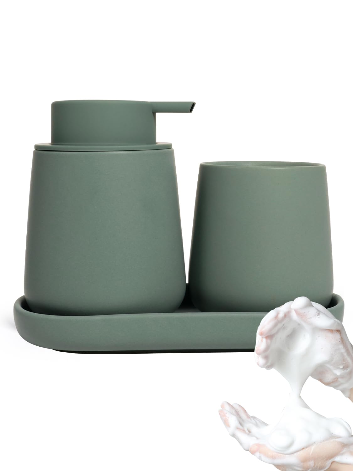 Set da bagno verde, 3 pezzi di accessori da bagno in ceramica, accessori da bagno decorativi, include dispenser per sapone in schiuma da 350 ml, bicchiere per spazzolini e vaschetta, adatto