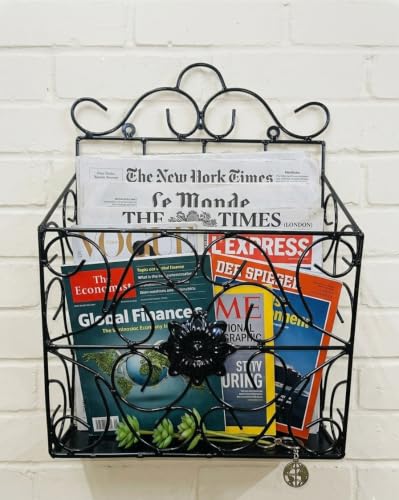 Image of Wall Mounted Hanging File & Magazine Holder - Metal Organizer for Newspapers, Documents & Office Storage | Decorative Rack for Home & Workspace 39x26x10 cm. (Black)