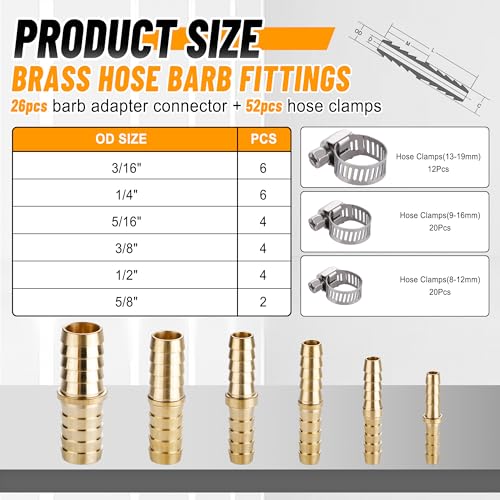 Ailbiuko BARB-SPLICER-26PCS Brass Hose Barb Fitting,Barb Splicer Mender Hose Fittings 3/16 Inch 1/4 Inch 5/16 Inch 3/8 Inch 1/2 Inch 5/8 Inch With 52Pcs Stainless Steel Pipe Hose Clamps thumb #1