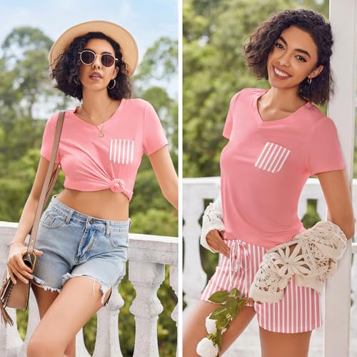 Image of Ekouaer Womens Pajama Sets Short Sleeve Pajamas for Women Sets Soft Lounge Sets Casual V Neck Sleepwear PJS