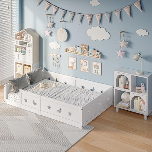 Yeutre Cama en el suelo para bebé, 140 x 200 cm, cama doble infantil de madera con barrera de seguridad y somier de láminas, marco de camas Montessori para niños y niñas, niños y bebés, fácil de