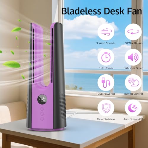 KONSIDEN Bladeless Desk Fan for Office, 13-Inch Small Quiet Desktop Fan with 9 Speeds, 60° Oscillation, 1–9H Timer and LED Display, Plug-In Bedside Fan with Adapter for Bedroom and Nightstand by KONSIDEN - Used condition - Image 2