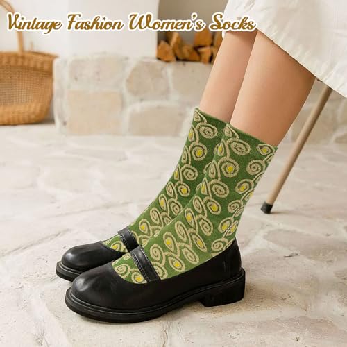 Image of 5 Pairs Vintage Patterned Crew Socks Floral Cotton Socks Warm Socks Thick Soft Socks Gifts for Women