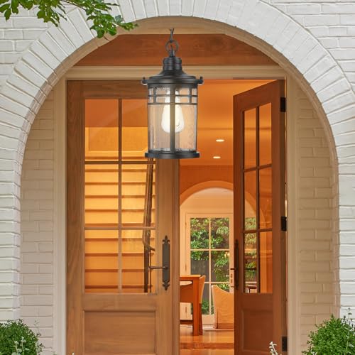 Image of Darkaway Outdoor Pendant Lights for Porch, Outdoor Chandelier Hanging Porch Lights Ceiling Mount Aluminum with Seeded Glass for Front Porch Gazebo Patio (Medium, Black)