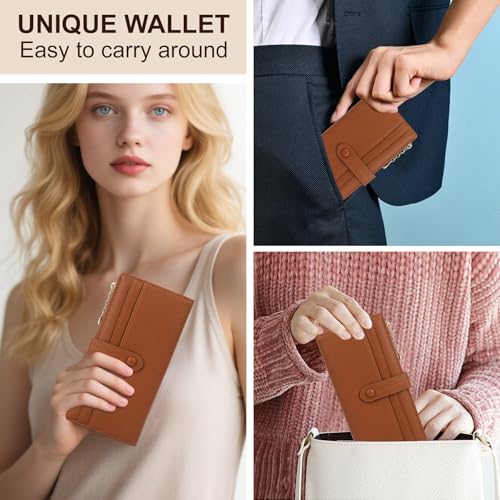 Thin Wallet for Women,PU Leather Bifold Credit Card Wallet,Compact Wallet with Large Clutch with Coin Purse,Smooth Zipper(Brown, Long)2