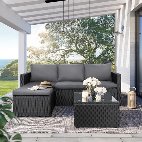SUNLEI 3-Piece Patio Sectional Sofa, Patio Furniture Set with Detachable Soft Cushions, Outdoor PE Rattan Patio Conversation Sofa Set with Glass Coffee Table & Ottoman, Black Rattan/Grey