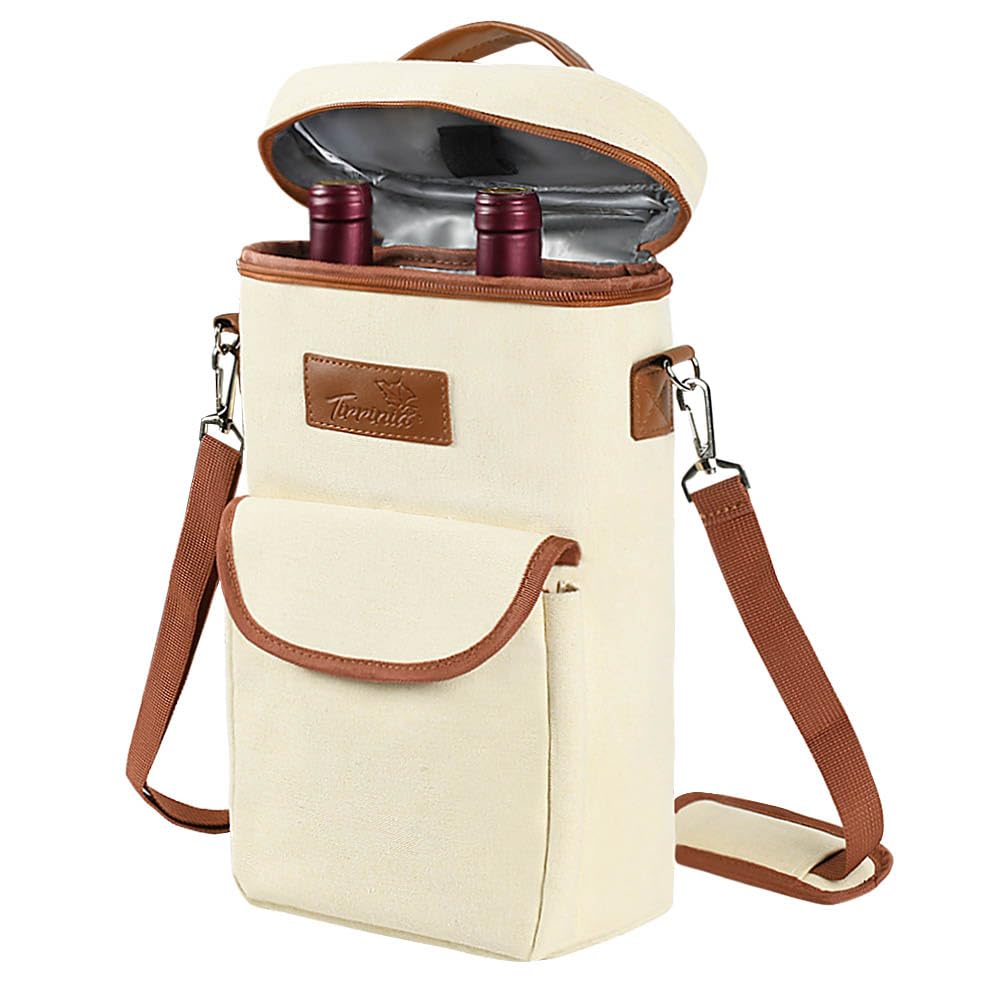 Tirrinia 2 Bottle Wine Gift Tote Carrier - Leakproof & Insulated with large pockets Wine Cooler Bag for Travel, Wine Tasting, Party, Dinner, Great