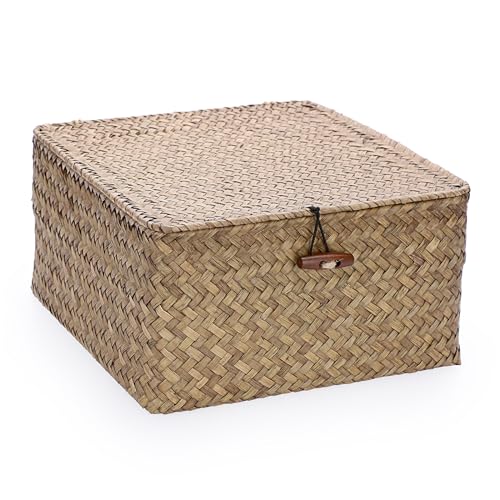 IGNPION Canasta de almacenamiento de hierba marina con tapa, cesta de escritorio tejida de hierba marina, caja organizadora de almacenamiento para baño, estantes y escritorios, cesta decorativa