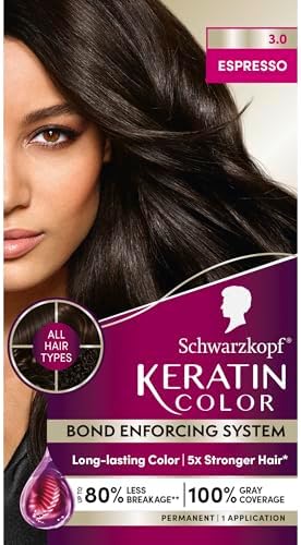 Schwarzkopf Keratin Color Permanent Hair Color, 3.0 Espresso, 1 Application - Professionally Inspired Permanent Hair Dye, for up to 80% Less Breakage vs Untreated Hair and up to 100% Gray Coverage