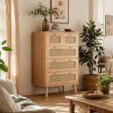 HYNHXBP Commode Haute à 5 tiroirs en Bois Naturel avec façades en rotin, Meuble de Rangement bohème pour Chambre et Salon, 60 x 34 x 91 cm