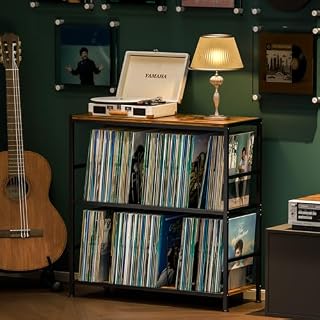 Sonyabecca Record Player Stand with 4 Adjustable Dividers, Vinyl Record Storage Up to 350 Albums, 3-Tier Vinyl Storage Holder with Open Wooden Desktop for Living Room, Bedroom - Les Beatles, Paul McCartney, John Lennon, RIngo Starr, George Harrison