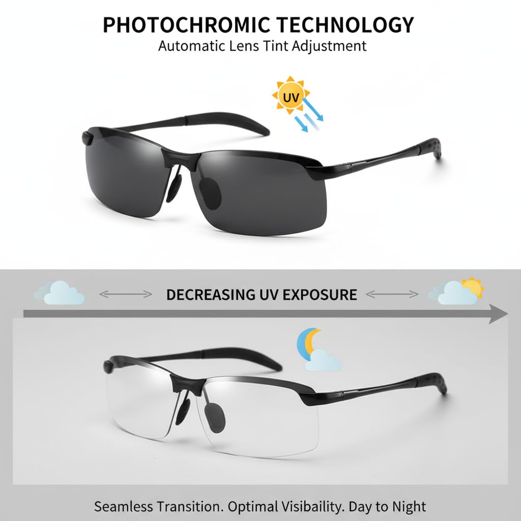 Jowxsx Photochrome polarisierte Sonnenbrille, UV400, Sport-Sonnenbrille, Tag-/Nachtbrille, ultraleicht, Radfahren, Sonnenbrille, Sonnenbrille und Sonnenbrille