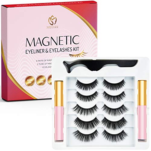MEEYEE Magnetic Eyelashes, Magnetic Eyeliner and Magnetic Eyelash Kit, Reusable 3D False Eyelashes, Waterproof Magnetic Liquid Eyeliner, Natural Look- 5 Pairs