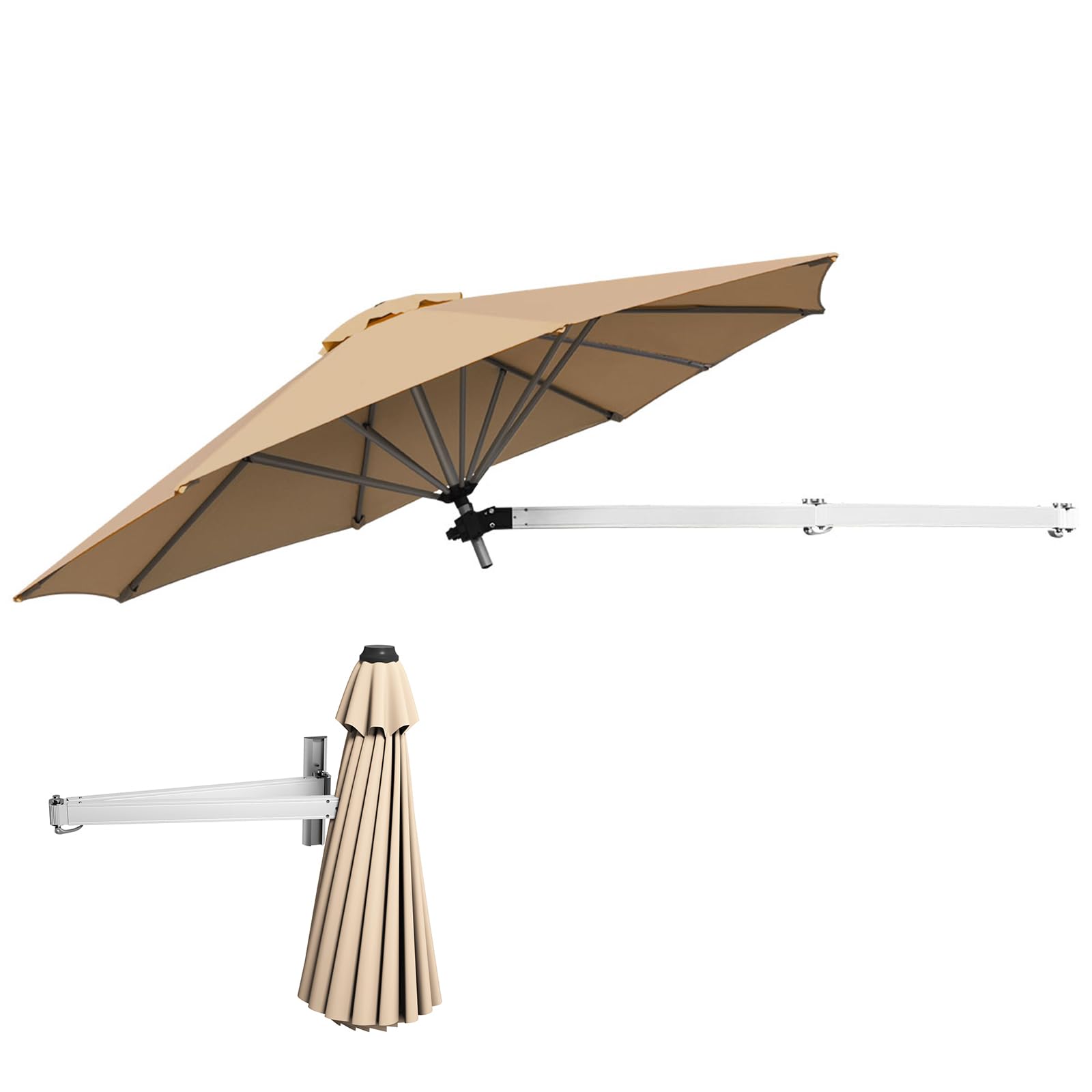 KOMFOTTEU Sombrilla de Pared Ajustable Ø250 cm, Parasol Plegable con Protección Solar para Exterior, Sombrilla de Terreza Inclinable Colgante, Paraguas para Jardín, Balcón, Patio