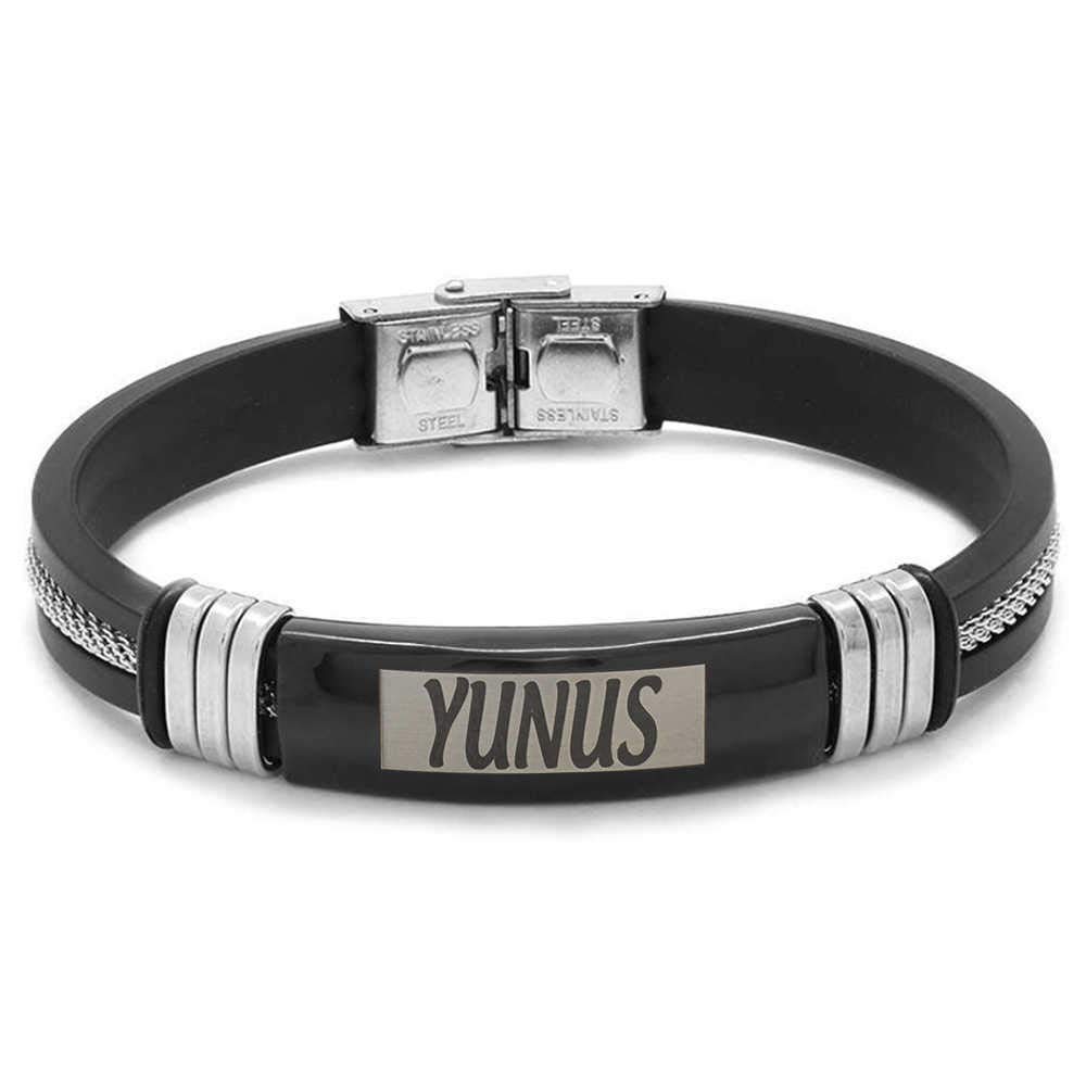 Kişiye Özel Isim Yazılı Zincir-Çelik-Deri Combinli Bileklik