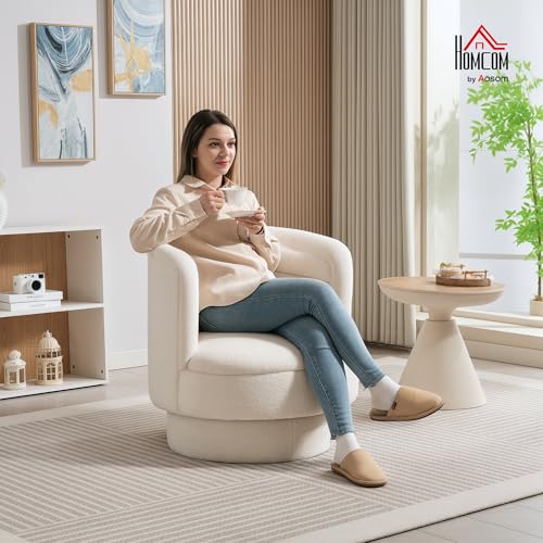 HOMCOM Sessel Wohnzimmer Drehbarer Relaxsessel mit Armlehnen, Loungesessel Lesesessel mit Sherpa-Optik, Polstersessel für Schlafzimmer Cremeweiß