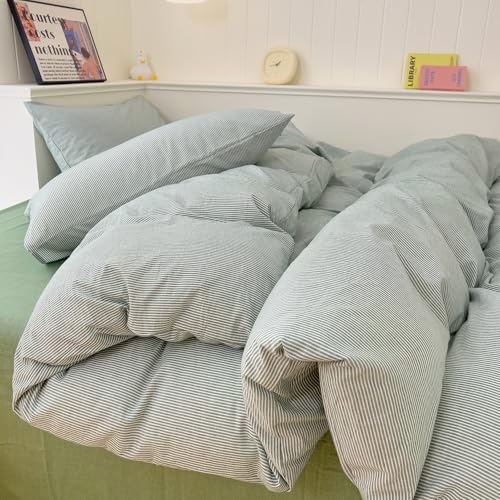 Image of mixinni Green Striped Duvet Cover Full Size - 100% Washed Cotton Pinstripe Comforter Cover with Zipper Closure, Lightweight & Breathable, 3 Pieces Minimalist Stripes Pattern Printed Bedding Set