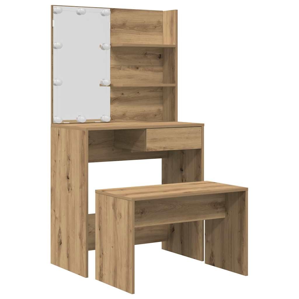 Set Toeletta con LED Rovere Artigianale in Legno Multistrato con Sgabello