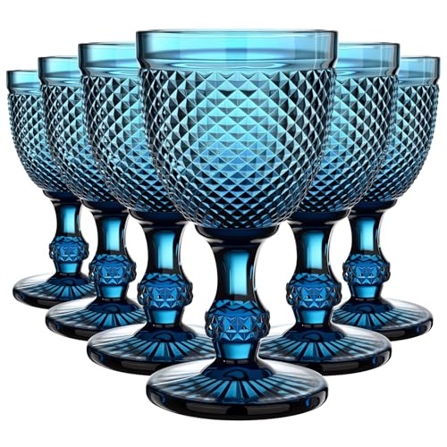 Bokon 6 Pack Blue Glass Goblets Set 10 oz High Clear Wine Glass Vintage Water Goblets Cups Embossed Diamond Design Glassware with Stem for Drinking Juice Liquor Party Wedding Bar