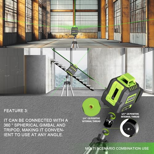 Image of Weiddw Laser Level with Tripod，360 Self Leveling Cross Line Laser- Green Horizontal Line for Picture Hanging Construction, Floor Tile, 2400 mah battery *2, can be standby for 10 times, cycle charging