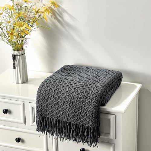 Image of CREVENT Farmhouse Boho Knitted Throw Blanket for Couch Sofa Chair Bed Home Decoration, Soft Warm Cozy Light Weight for Spring Summer Fall (50''X60'' Dark Grey)