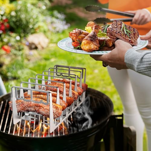 Delixike Spareribs Halter Grill, Hähnchenschenkel Halter, Grill Zubehör aus Edelstahl, Ganz einfach indirekt Grillen, Multifunktionsgrill für Männer und auch EIN gutes Geschenk (1er Set, Silber)