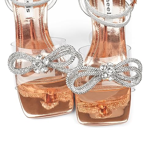 Image of Zzheels Double Bowknots Crystal Clear Shoes Strappy Sandals | Clear Slingback Heels, Rhinesotne Bow Sandals, Square Toe, Elegant Heels