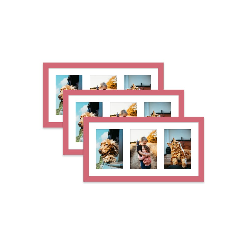 Pink Multi Photo Frame - Holds 3 x 6x4 Pictures, Family Collage Picture Frame for Wall Display, 8x16 Panoramic Frame Size, Set of 3