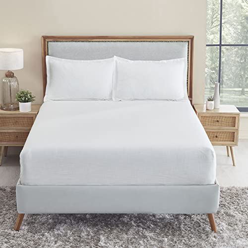Image of TRIDENT Namaste King Size Solid Fitted Bedsheet Set- 100% Cotton- 3-Piece Sheet Set with 2 Pillowcases-Superior Softness- 150 TC-Fitted bedsheet- Linen Look- Sustainable (Cloud Dancer)