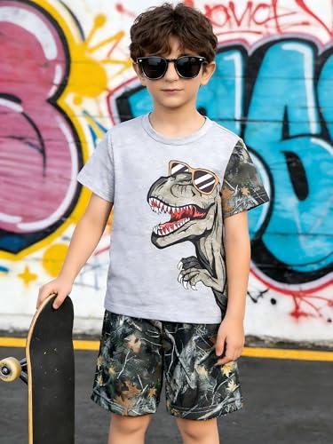 Image of Boys' 2 Piece Summer Outfit Cool Dinosaur & Camouflage Graphic Short Sleeve Tee & Shorts Set Size 4-12