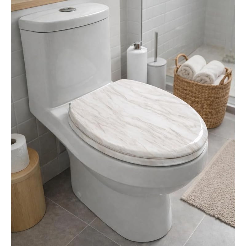 Yorkshire Homeware 18" Wooden Toilet Seats | MDF Wood Oval Toilet Seats with Bottom Fixings | Toilet Seat with Quick Close with Adjustable Hinges (Marble Finish Toilet Seat)