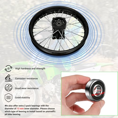 XIKOBY 1.85x14 Rear Wheel Rim and 12mm Bearings Strip Kit fit 90/100-14 3.00-14 14 Inch Dirt Pit Bike Tire KLX125 KX85 TTR125 YZ80 RM80 Taotao DB17 SR150 DR90 Apollo 125 Motorcycle Parts (15mm Axle)