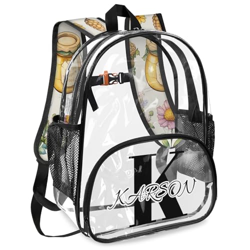 Personalized Honeycomb Large Clear Backpack Stadium Approved Heavy Duty PVC Plastic Custom Bee Transparent Backpacks See Through Bag with Name2