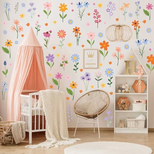 CharmFlo Wild Flower Wall Decals - Peel and Stick Removable Floral Wall Stickers for Nursery, Bedroom, Living Room Decor (8 Sheets 102 Pcs Wildflower...