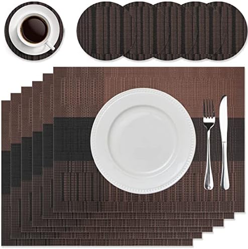 HEYOMART Placemats and Coasters Sets of 6, PVC Vinyl Table Mats Non-Slip Heat Resistant Washable Dinner Mats Place Mats for Kitchen Dining Table Home Restaurant, Coffee