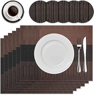 HEYOMART Placemats and Coasters Sets of 6, PVC Vinyl Table Mats Non-Slip Heat Resistant Washable Dinner Mats Place Mats for Kitchen Dining Table Home Restaurant, Coffee
