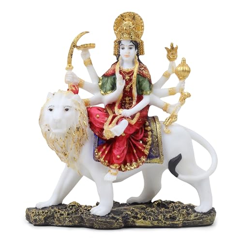 Image of ARMONIA Goddess Durga Dust Marble Finish Figurine with Lion | Hindu Sherawali MATA Murti | Durga Maa Idol for Pooja Mandir & Puja Room | Traditional Hindu Statue for Home Decor & Gifting | H- 25 cm