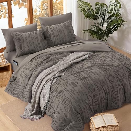 Image of King Size Comforter Set- 7 Pieces Tufted Bed in a Bag King Bedding Sets | All Season Shabby Chic Boho Bedding with Comforter, Sheets, Pillowcases & Shams, Grey