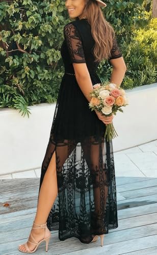 Image of LRISES Womens V Neck Floral Embroidered Lace Wedding Maxi Dress Boho Short Sleeve Slit Bridesmaid Evening Party Dresses