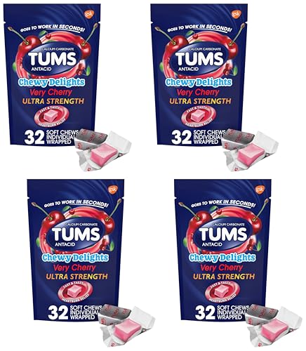 Image of TUMS Chewy Delights Ultra Strength Antacid Soft Chews for Chewable Heartburn Relief and Acid Indigestion Relief, Very Cherry - 32 Count (Pack of 4)