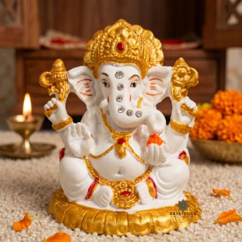 Image of Marble Finish Lord Ganesh Idol for Home Temple | Ganpati Bappa Murti with Stone Work | Ganesh Ji Statue for Puja Room, Office Desk, Car Dashboard | Diwali Gift, Housewarming Decor
