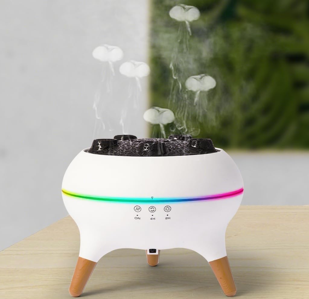 Premium 6-in-1 Dancing Jellyfish Ultrasonic Diffuser & Humidifier | 7-Color Light, Remote, Various Mist Settings, Timer, Sound-Activated Mode | 250ml for Bedroom, Office, Yoga (White)