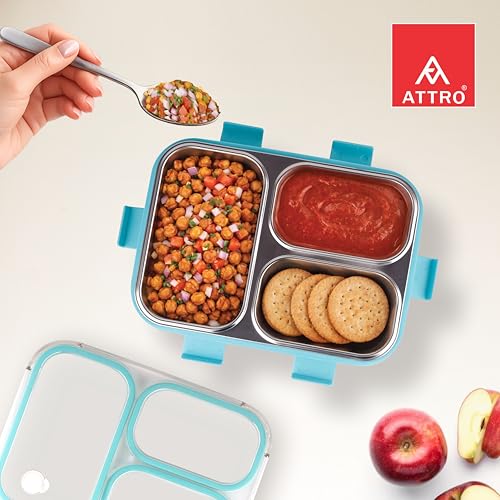 Image of ATTRO Trio Meal Stainless Steel Lunch Box with 3 Partition, Microwave Safe, Airtight Leakproof Silicone Seal Lid, BPA-Free Food Grade Tiffin Box for Office School Kids - 600ml - Blue
