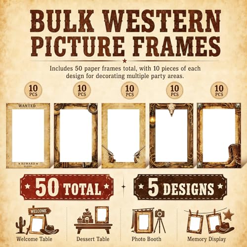 Image of AmazingSpark 50 Pack Western Cowboy Paper Photo Frames, Wanted Party Picture Frames, Wild West Photo Booth Table Decor, 5 Designs for Cowboy Rodeo Western Theme Party Decorations