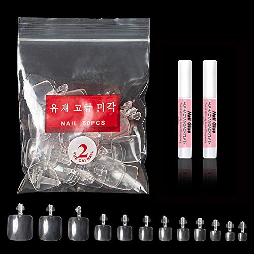 Fake Toenails Full Cover False Toe Artificial Nail Tips 600pcs 12 Sizes With 2pcs glues for DIY Salon Foot Manicure (Clear)