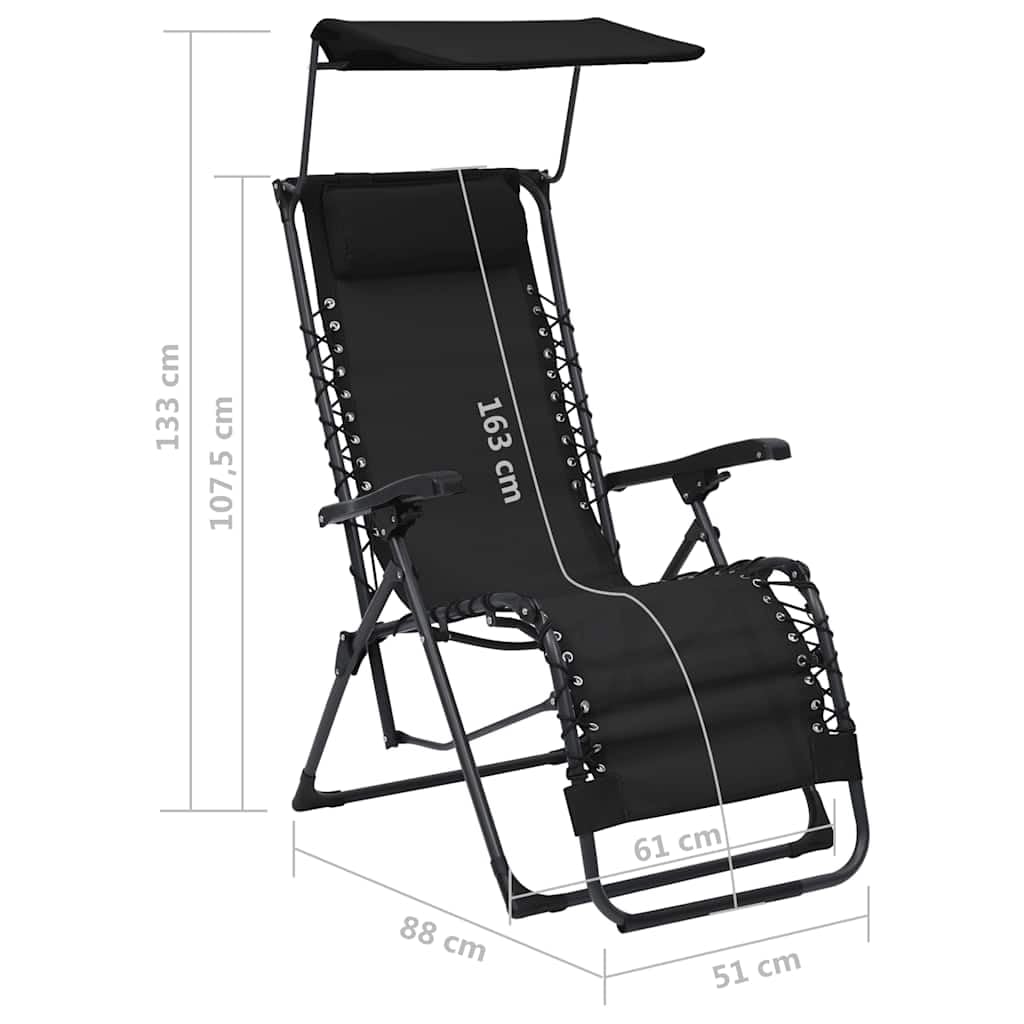 Verstellbarer Klappbarer Textilene Gartenliege Schwarz mit Sonnendach, Lounge Liegestuhl für Terrasse Balkon Garten Pool Strand Camping Wellness, wetterfest und leicht