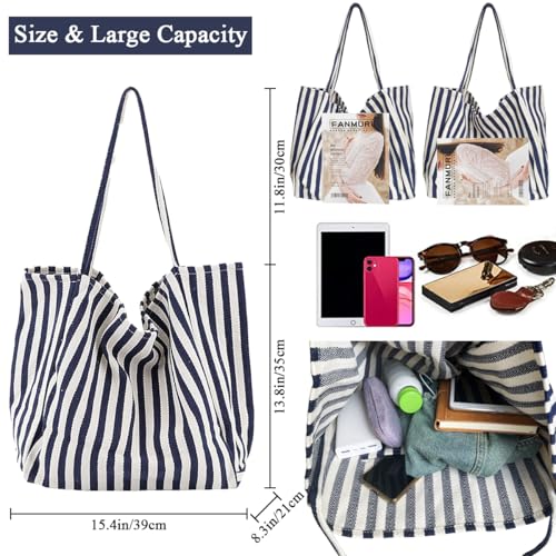 Image of Striped Canvas Tote Handbag for Women Vertical Stripe Large Capacity Shoulder Bag for Shopping Travel